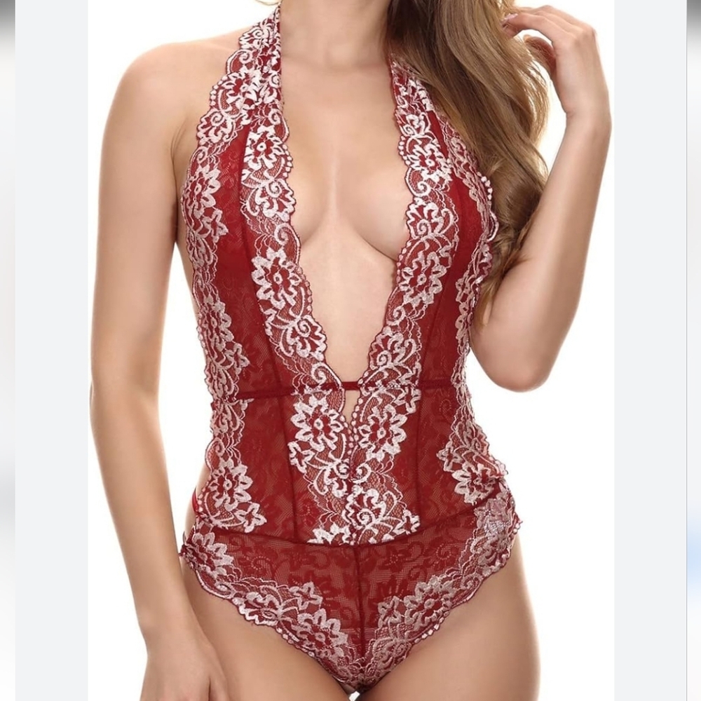 Red Lace Halter Bodysuit Sleepwear Lingerie Size XXL